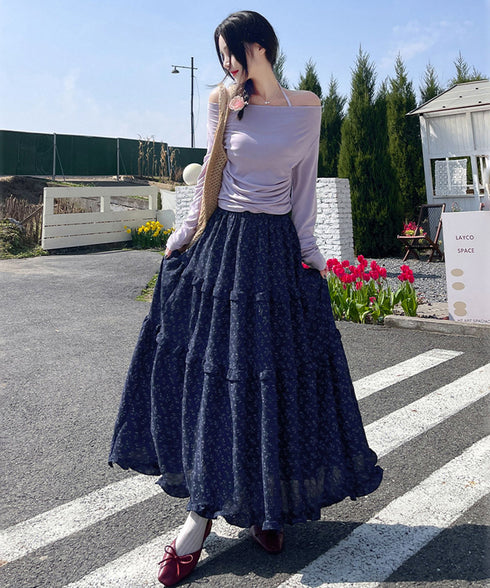 フリルティアード 小花柄 ロングスカート レディース ティアードスカート きれいめ 体型カバースカート着やせ 大人可愛い新作ハイウエストスカート 裏地付きスカート 98JLIY-001