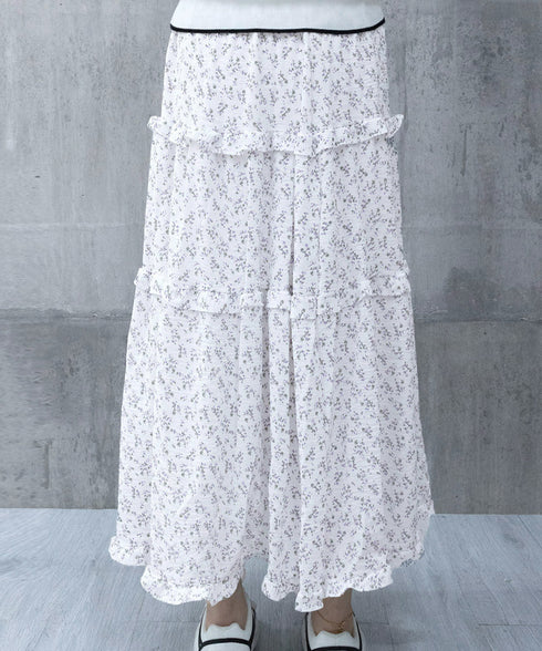 フリルティアード 小花柄 ロングスカート レディース ティアードスカート きれいめ 体型カバースカート着やせ 大人可愛い新作ハイウエストスカート 裏地付きスカート 98JLIY-001