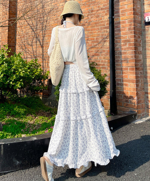 フリルティアード 小花柄 ロングスカート レディース ティアードスカート きれいめ 体型カバースカート着やせ 大人可愛い新作ハイウエストスカート 裏地付きスカート 98JLIY-001