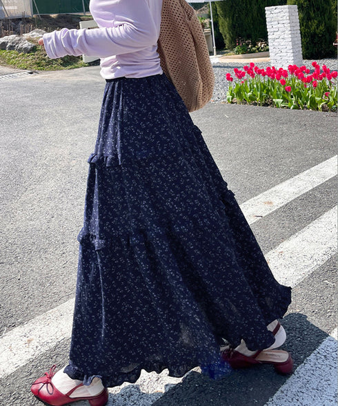 フリルティアード 小花柄 ロングスカート レディース ティアードスカート きれいめ 体型カバースカート着やせ 大人可愛い新作ハイウエストスカート 裏地付きスカート 98JLIY-001