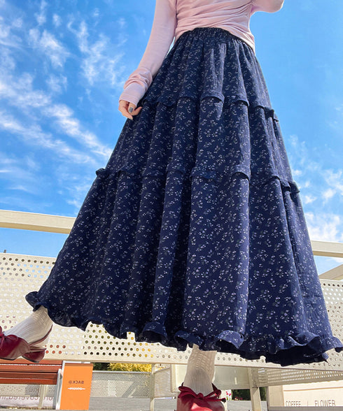 フリルティアード 小花柄 ロングスカート レディース ティアードスカート きれいめ 体型カバースカート着やせ 大人可愛い新作ハイウエストスカート 裏地付きスカート 98JLIY-001