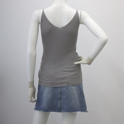 リブニットキャミソール フロントVカット レディース きれいめ ノースリーブ ニットトップス おしゃれ レイヤードコーデ 細肩紐 韓国風 アンダーウェア シンプル 98JUNHAO-001