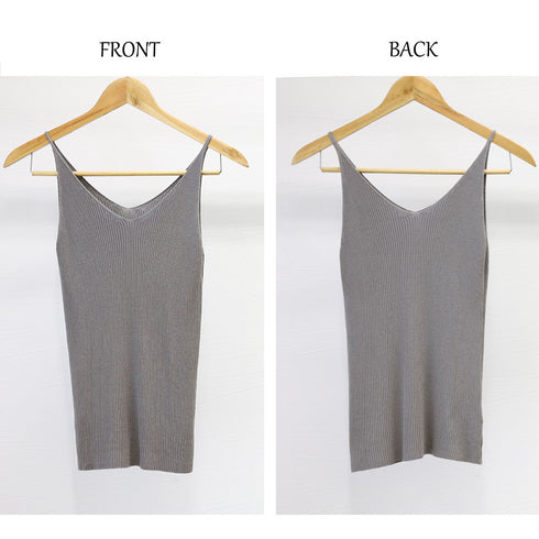 リブニットキャミソール フロントVカット レディース きれいめ ノースリーブ ニットトップス おしゃれ レイヤードコーデ 細肩紐 韓国風 アンダーウェア シンプル 98JUNHAO-001