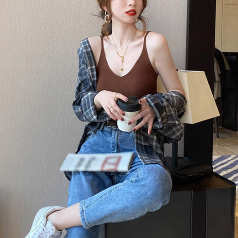 リブニットキャミソール フロントVカット レディース きれいめ ノースリーブ ニットトップス おしゃれ レイヤードコーデ 細肩紐 韓国風 アンダーウェア シンプル 98JUNHAO-001