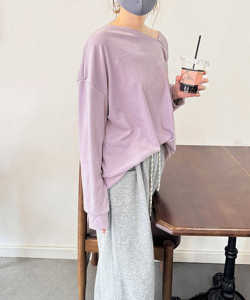 2WAY アシンメトリーネックトップス 前後着られる レディース プルオーバー 無地 長袖 柔らかい ビッグtシャツ お洒落 体型カバーtシャツ 着回し 春秋冬 98JZMAN-001