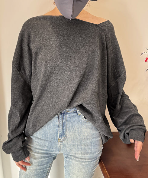 2WAY アシンメトリーネックトップス 前後着られる レディース プルオーバー 無地 長袖 柔らかい ビッグtシャツ お洒落 体型カバーtシャツ 着回し 春秋冬 98JZMAN-001