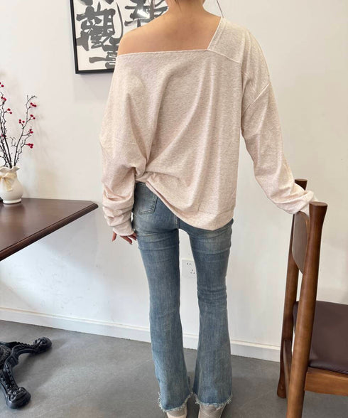 2WAY アシンメトリーネックトップス 前後着られる レディース プルオーバー 無地 長袖 柔らかい ビッグtシャツ お洒落 体型カバーtシャツ 着回し 春秋冬 98JZMAN-001