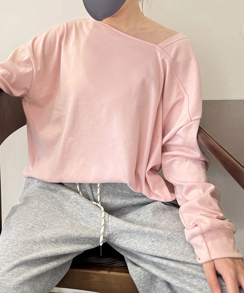 2WAY アシンメトリーネックトップス 前後着られる レディース プルオーバー 無地 長袖 柔らかい ビッグtシャツ お洒落 体型カバーtシャツ 着回し 春秋冬 98JZMAN-001