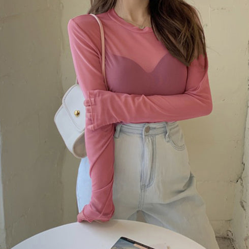大人気 トップス レディース 長袖 ラウンドネック ブラウス 透け感 韓国ファッション ソフト セクシー 春夏 98LHH-001