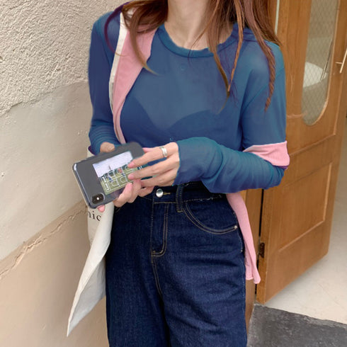 大人気 トップス レディース 長袖 ラウンドネック ブラウス 透け感 韓国ファッション ソフト セクシー 春夏 98LHH-001