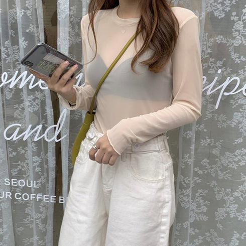 大人気 トップス レディース 長袖 ラウンドネック ブラウス 透け感 韓国ファッション ソフト セクシー 春夏 98LHH-001