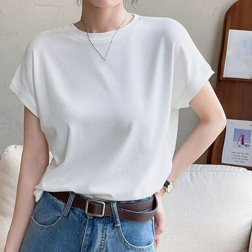 フレンチスリーブ 半袖 Tシャツ 韓国風 無地Tシャツ レディース オフィスコーデ カジュアル フリーサイズトップス クルーネック プルオーバー 98LIYQG-001