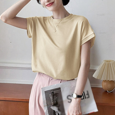 フレンチスリーブ 半袖 Tシャツ 韓国風 無地Tシャツ レディース オフィスコーデ カジュアル フリーサイズトップス クルーネック プルオーバー 98LIYQG-001