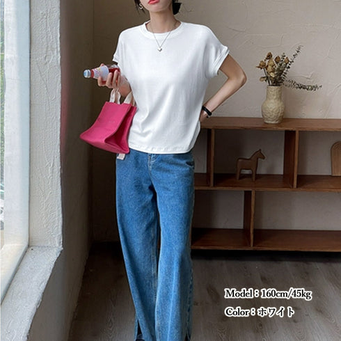 フレンチスリーブ 半袖 Tシャツ 韓国風 無地Tシャツ レディース オフィスコーデ カジュアル フリーサイズトップス クルーネック プルオーバー 98LIYQG-001