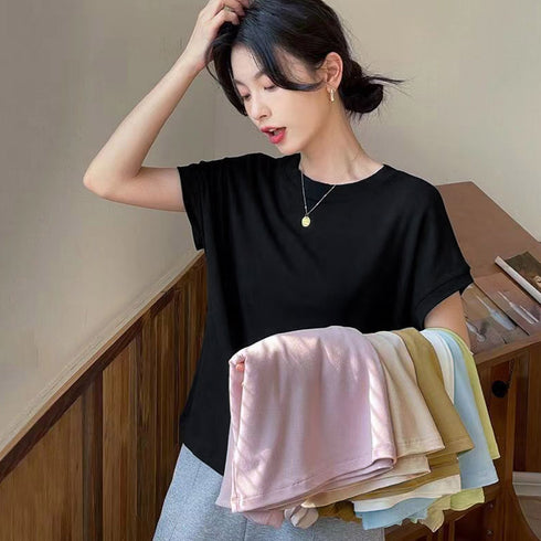 フレンチスリーブ 半袖 Tシャツ 韓国風 無地Tシャツ レディース オフィスコーデ カジュアル フリーサイズトップス クルーネック プルオーバー 98LIYQG-001