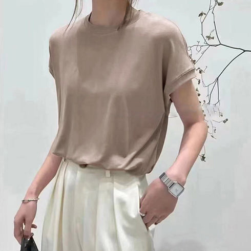フレンチスリーブ 半袖 Tシャツ 韓国風 無地Tシャツ レディース オフィスコーデ カジュアル フリーサイズトップス クルーネック プルオーバー 98LIYQG-001