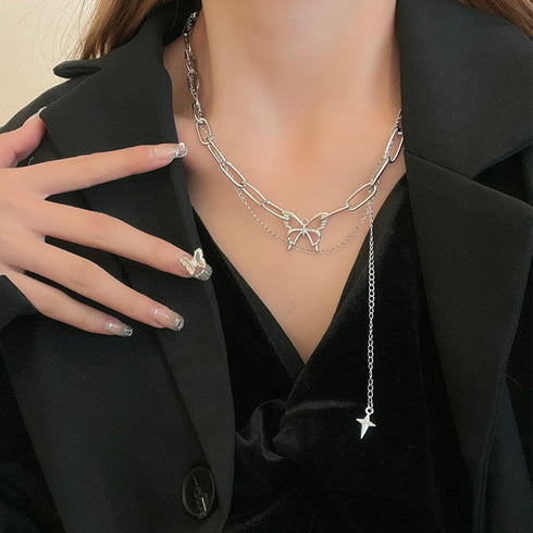ネックレス 2連チェーン 新作 蝶柄 レディース シルバー アクセサリー シンプル ファッション 人気 大人可愛い ジュエリー 98LS-002