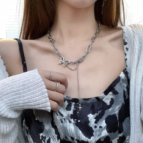 ネックレス 2連チェーン 新作 蝶柄 レディース シルバー アクセサリー シンプル ファッション 人気 大人可愛い ジュエリー 98LS-002