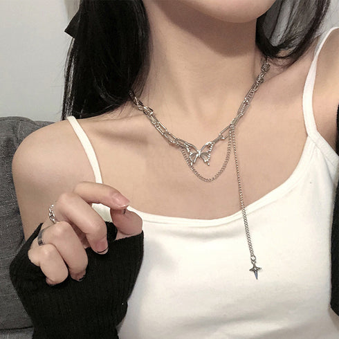 ネックレス 2連チェーン 新作 蝶柄 レディース シルバー アクセサリー シンプル ファッション 人気 大人可愛い ジュエリー 98LS-002