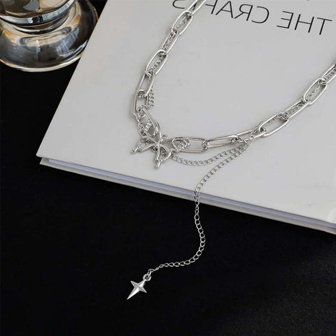 ネックレス 2連チェーン 新作 蝶柄 レディース シルバー アクセサリー シンプル ファッション 人気 大人可愛い ジュエリー 98LS-002