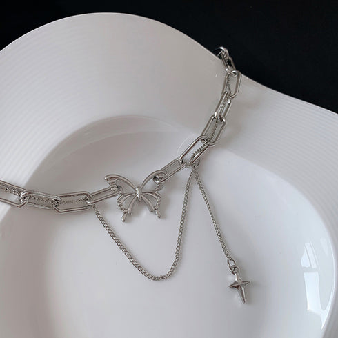 ネックレス 2連チェーン 新作 蝶柄 レディース シルバー アクセサリー シンプル ファッション 人気 大人可愛い ジュエリー 98LS-002