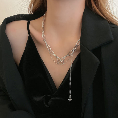 ネックレス 2連チェーン 新作 蝶柄 レディース シルバー アクセサリー シンプル ファッション 人気 大人可愛い ジュエリー 98LS-002
