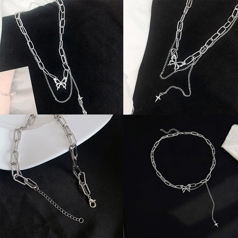 ネックレス 2連チェーン 新作 蝶柄 レディース シルバー アクセサリー シンプル ファッション 人気 大人可愛い ジュエリー 98LS-002