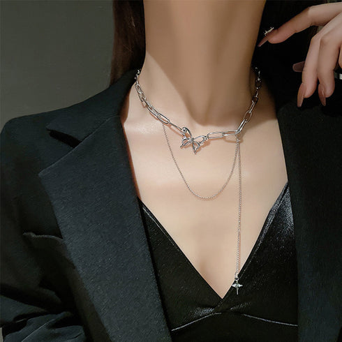ネックレス 2連チェーン 新作 蝶柄 レディース シルバー アクセサリー シンプル ファッション 人気 大人可愛い ジュエリー 98LS-002