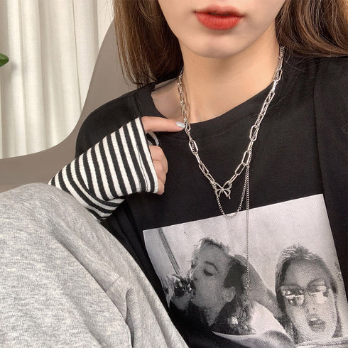 ネックレス 2連チェーン 新作 蝶柄 レディース シルバー アクセサリー シンプル ファッション 人気 大人可愛い ジュエリー 98LS-002