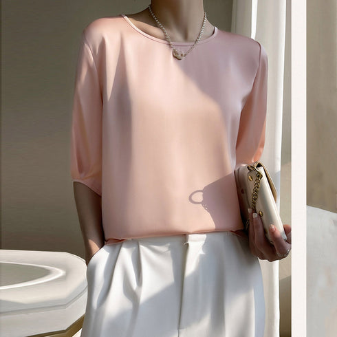 とろみブラウス 半袖 レディース 無地 きれいめ 五分袖 薄手シャツ 大人 女性 オフィス カジュアル ゆったり おしゃれ 着やせ 韓国ファッション 98LUNC-001