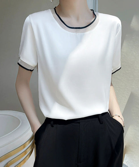 クルーネック サテン風シャツブラウス 大人女性 ビジネスブラウス 通勤服 オフィスカジュアル フェミニン 春夏 薄手フォーマルブラウス プルオーバー 98LUNC-002