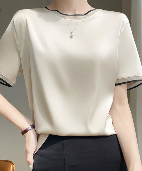 クルーネック サテン風シャツブラウス 大人女性 ビジネスブラウス 通勤服 オフィスカジュアル フェミニン 春夏 薄手フォーマルブラウス プルオーバー 98LUNC-002