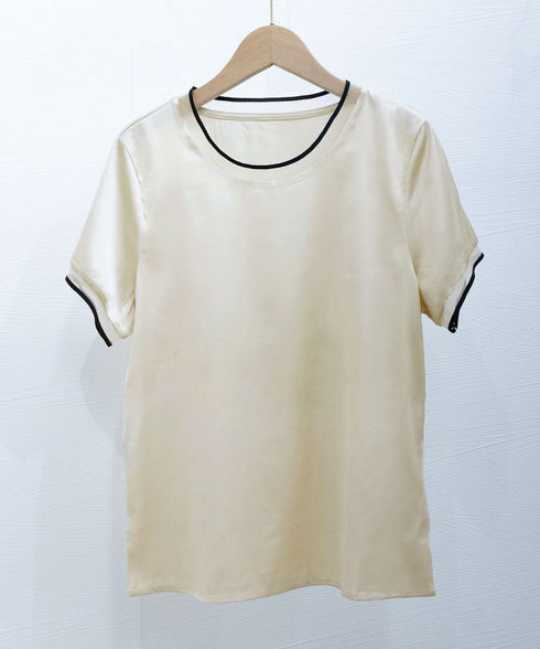 クルーネック サテン風シャツブラウス 大人女性 ビジネスブラウス 通勤服 オフィスカジュアル フェミニン 春夏 薄手フォーマルブラウス プルオーバー 98LUNC-002