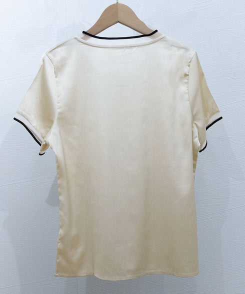 クルーネック サテン風シャツブラウス 大人女性 ビジネスブラウス 通勤服 オフィスカジュアル フェミニン 春夏 薄手フォーマルブラウス プルオーバー 98LUNC-002