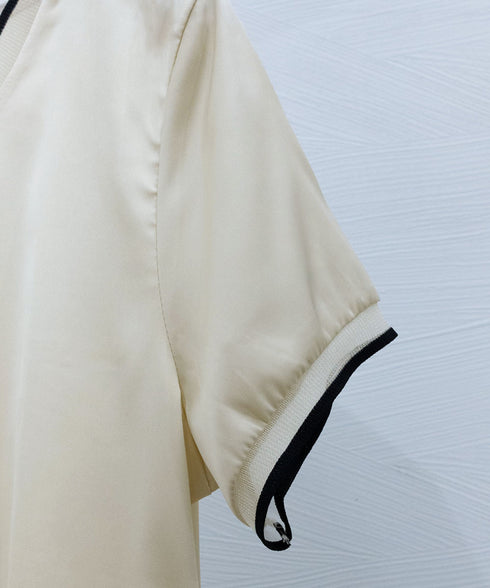 クルーネック サテン風シャツブラウス 大人女性 ビジネスブラウス 通勤服 オフィスカジュアル フェミニン 春夏 薄手フォーマルブラウス プルオーバー 98LUNC-002