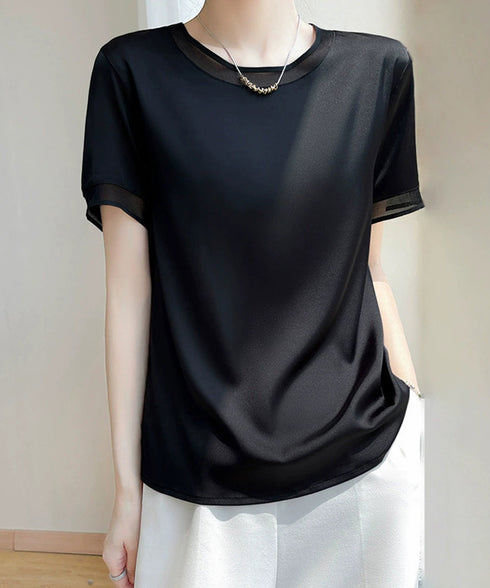 クルーネック サテン風シャツブラウス 大人女性 ビジネスブラウス 通勤服 オフィスカジュアル フェミニン 春夏 薄手フォーマルブラウス プルオーバー 98LUNC-002