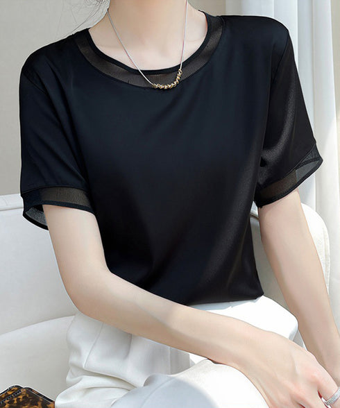 クルーネック サテン風シャツブラウス 大人女性 ビジネスブラウス 通勤服 オフィスカジュアル フェミニン 春夏 薄手フォーマルブラウス プルオーバー 98LUNC-002