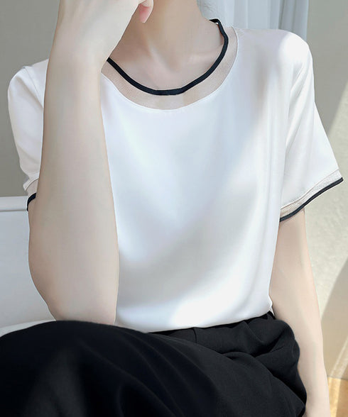 クルーネック サテン風シャツブラウス 大人女性 ビジネスブラウス 通勤服 オフィスカジュアル フェミニン 春夏 薄手フォーマルブラウス プルオーバー 98LUNC-002