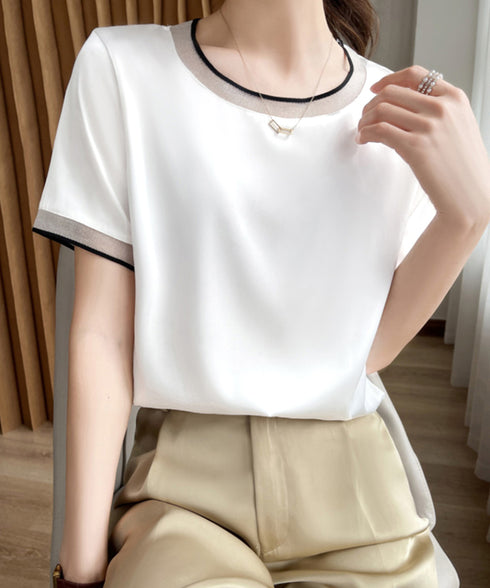 クルーネック サテン風シャツブラウス 大人女性 ビジネスブラウス 通勤服 オフィスカジュアル フェミニン 春夏 薄手フォーマルブラウス プルオーバー 98LUNC-002