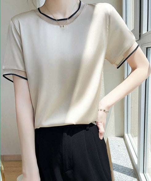 クルーネック サテン風シャツブラウス 大人女性 ビジネスブラウス 通勤服 オフィスカジュアル フェミニン 春夏 薄手フォーマルブラウス プルオーバー 98LUNC-002