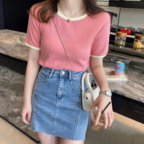 バイカラーリブTシャツ レディース半袖 パイピング ラウンドネック 無地 韓国ファッション プルオーバー 着やせ Tシャツ カジュアル トップス 夏服 98MAGELI-001