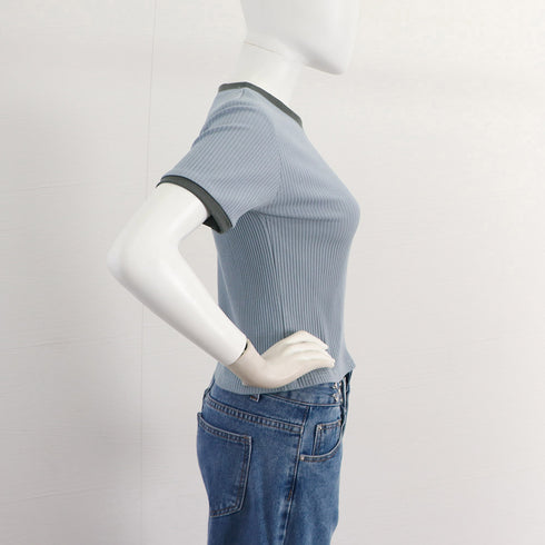 バイカラーリブTシャツ レディース半袖 パイピング ラウンドネック 無地 韓国ファッション プルオーバー 着やせ Tシャツ カジュアル トップス 夏服 98MAGELI-001