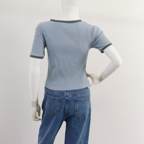 バイカラーリブTシャツ レディース半袖 パイピング ラウンドネック 無地 韓国ファッション プルオーバー 着やせ Tシャツ カジュアル トップス 夏服 98MAGELI-001