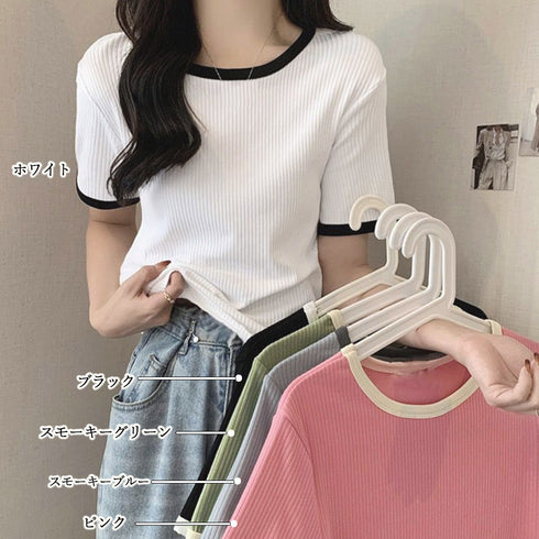 バイカラーリブTシャツ レディース半袖 パイピング ラウンドネック 無地 韓国ファッション プルオーバー 着やせ Tシャツ カジュアル トップス 夏服 98MAGELI-001