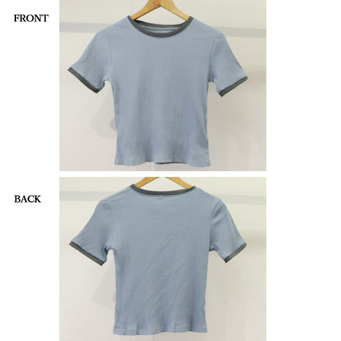 バイカラーリブTシャツ レディース半袖 パイピング ラウンドネック 無地 韓国ファッション プルオーバー 着やせ Tシャツ カジュアル トップス 夏服 98MAGELI-001