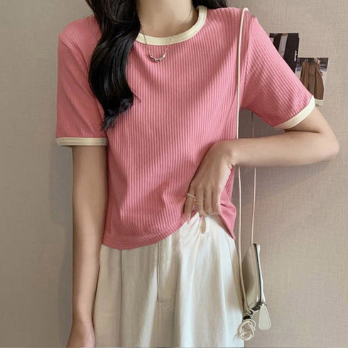 バイカラーリブTシャツ レディース半袖 パイピング ラウンドネック 無地 韓国ファッション プルオーバー 着やせ Tシャツ カジュアル トップス 夏服 98MAGELI-001