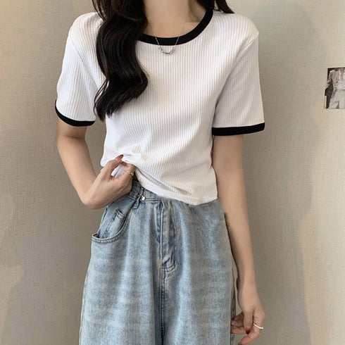 バイカラーリブTシャツ レディース半袖 パイピング ラウンドネック 無地 韓国ファッション プルオーバー 着やせ Tシャツ カジュアル トップス 夏服 98MAGELI-001