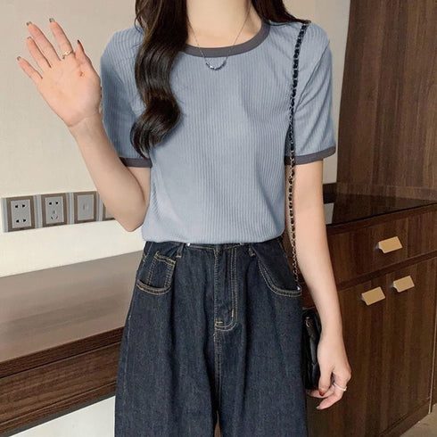 バイカラーリブTシャツ レディース半袖 パイピング ラウンドネック 無地 韓国ファッション プルオーバー 着やせ Tシャツ カジュアル トップス 夏服 98MAGELI-001