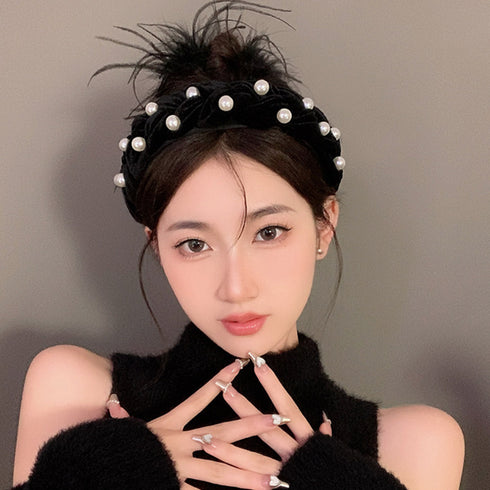 編みボリューム パールベロアカチューシャ 幅広 ヘアアクセサリー 髪飾り おしゃれ ヘッドアクセサリー 上品 フェミニン キュート アクセ ぷっくりカチューシャ 98MIAOSI-001