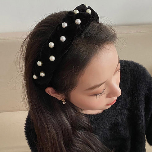 編みボリューム パールベロアカチューシャ 幅広 ヘアアクセサリー 髪飾り おしゃれ ヘッドアクセサリー 上品 フェミニン キュート アクセ ぷっくりカチューシャ 98MIAOSI-001